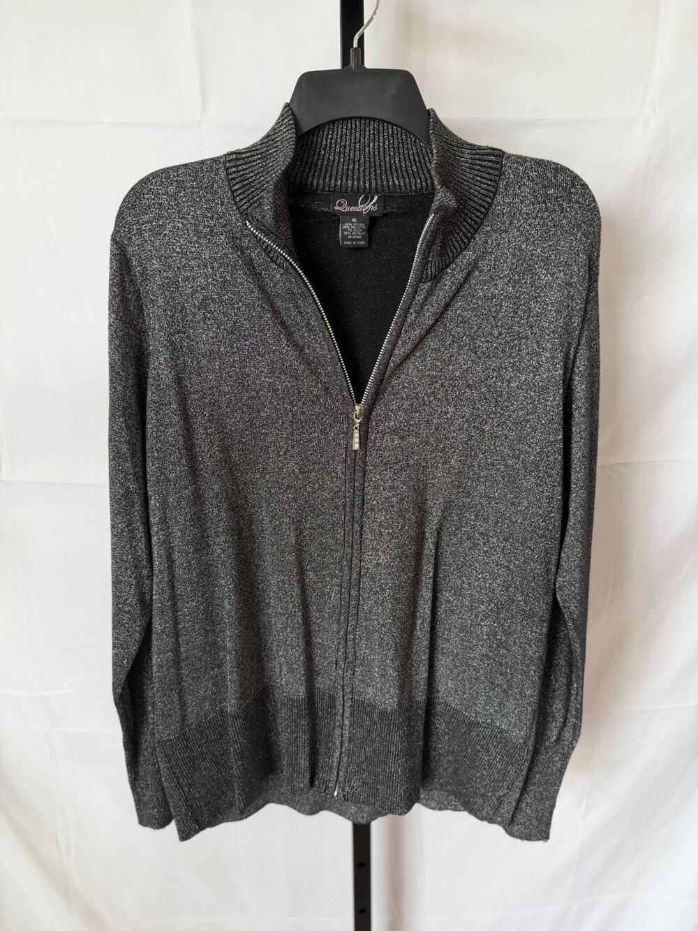 Questions Black & Silver Metallic Full-Zip Cardigan Sweater Sz XL